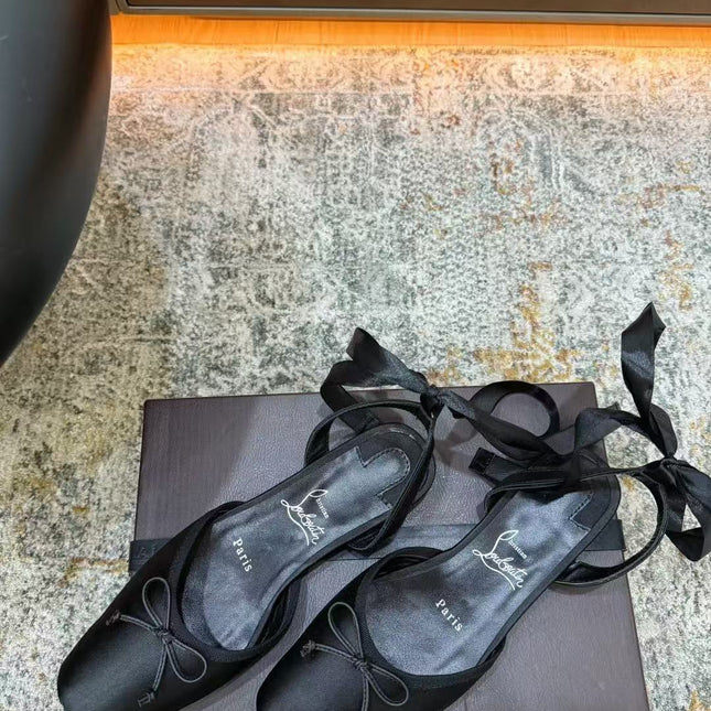 CHRISTIAN LOUBOUTIN 26S ANKLE STRAP BALLET FLATS IN BLACK SATIN
