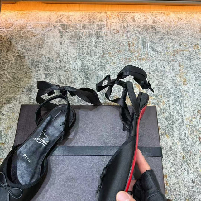 CHRISTIAN LOUBOUTIN 26S ANKLE STRAP BALLET FLATS IN BLACK SATIN