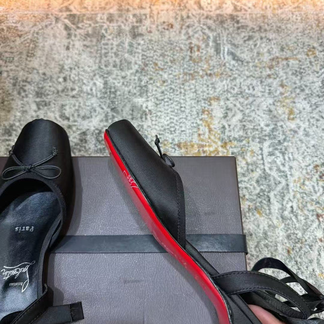 CHRISTIAN LOUBOUTIN 26S ANKLE STRAP BALLET FLATS IN BLACK SATIN