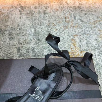 CHRISTIAN LOUBOUTIN 26S ANKLE STRAP BALLET FLATS IN BLACK SATIN