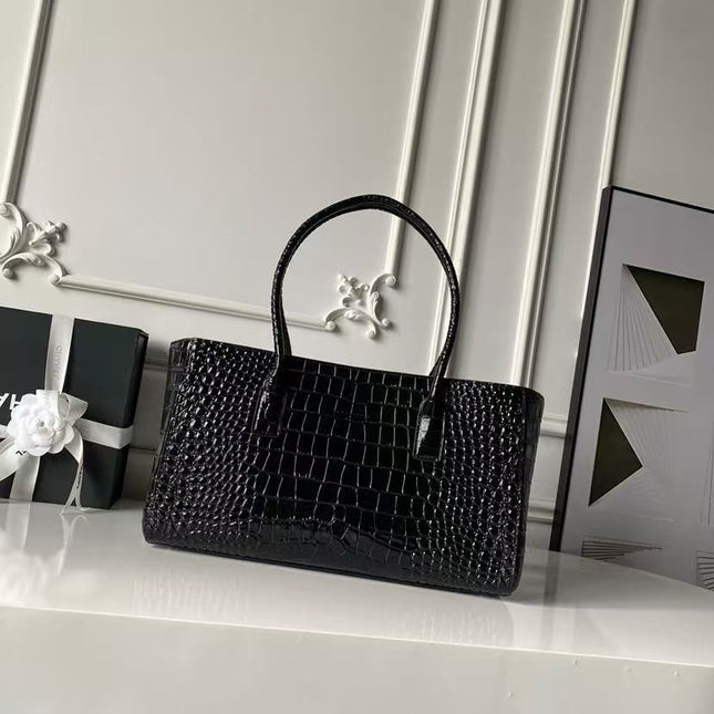 CHANEL 26S CERF TOTE BAG IN BLACK CALFSKIN CROCODILE EMBOSSED GOLD HARDWARE