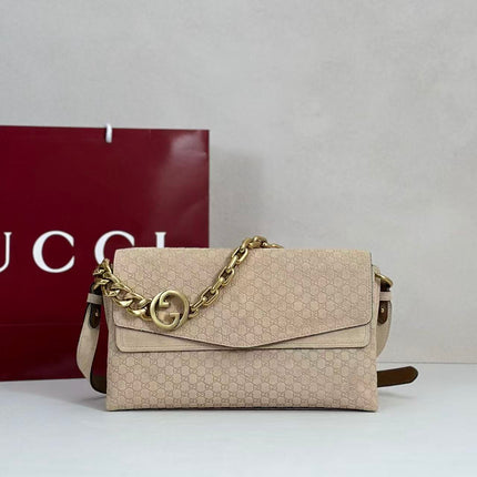 GUCCI 26S SHOULDER BAG 28 IN BEIGE EMBOSSED SUEDE