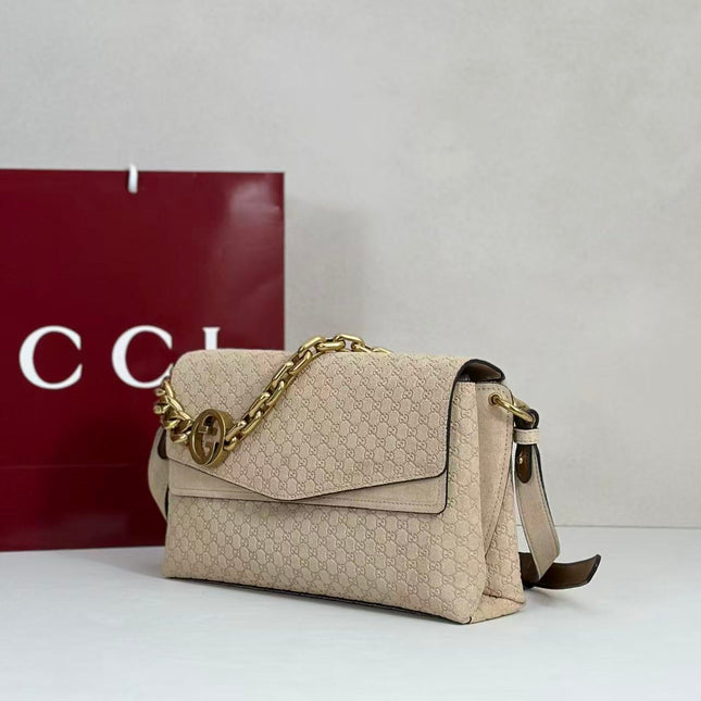 GUCCI 26S SHOULDER BAG 28 IN BEIGE EMBOSSED SUEDE