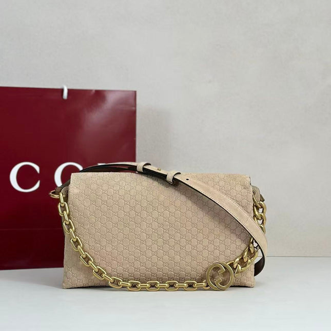 GUCCI 26S SHOULDER BAG 28 IN BEIGE EMBOSSED SUEDE