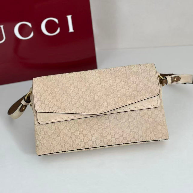 GUCCI 26S SHOULDER BAG 28 IN BEIGE EMBOSSED SUEDE