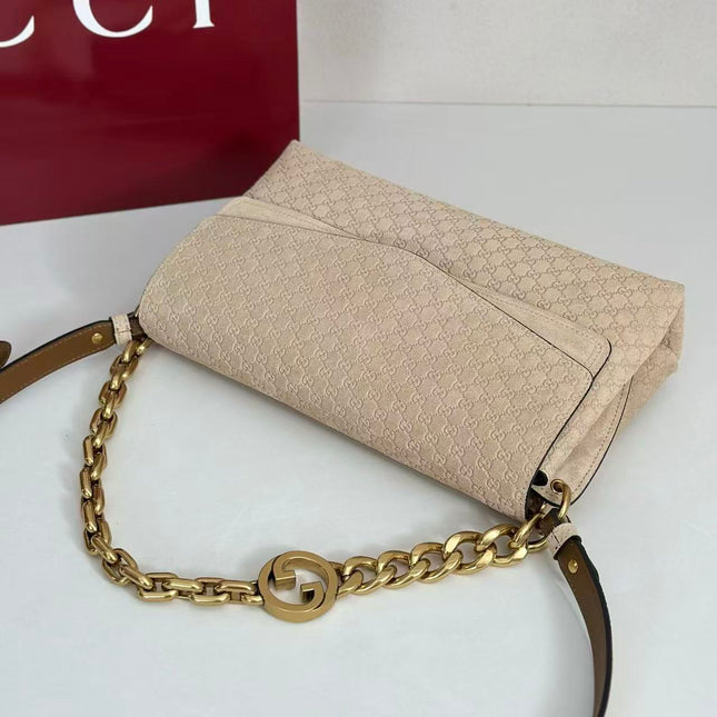 GUCCI 26S SHOULDER BAG 28 IN BEIGE EMBOSSED SUEDE