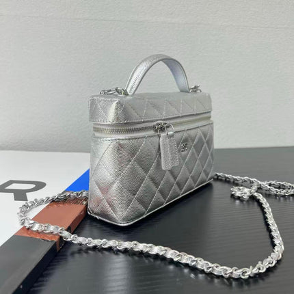 CHANEL 26S QUILTED VANITY CASE IN SILVER CAVIAR