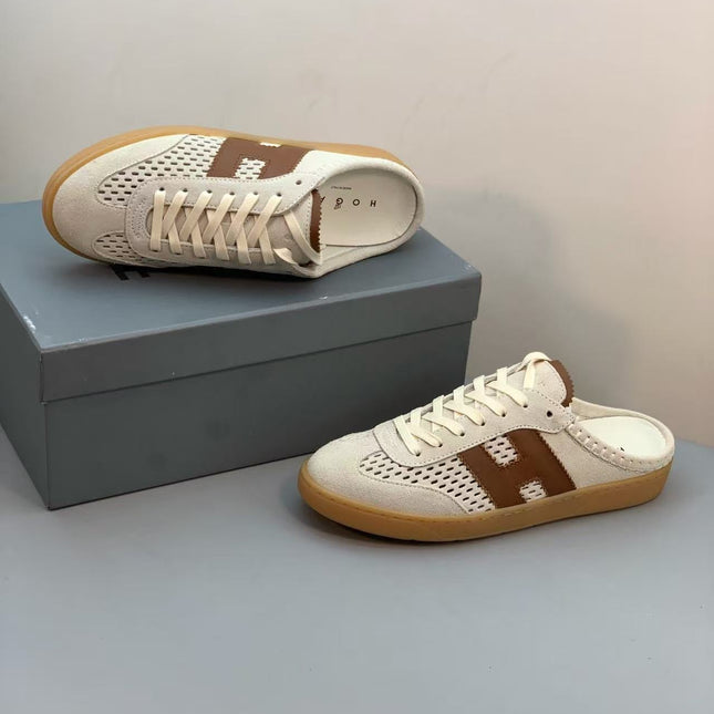 HERMES 26S H MOTIF LACE-UP MULE IN ECRU & BROWN SUEDE