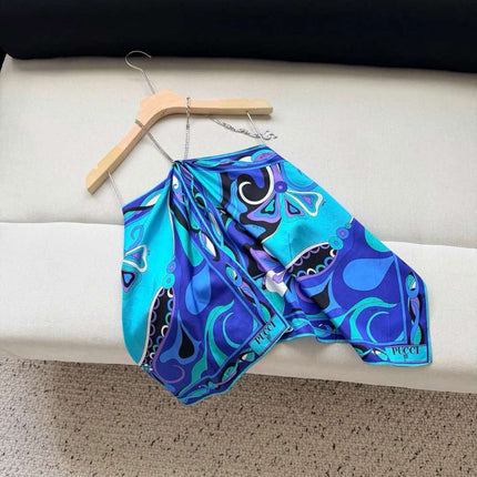 PUCCI 26S SILK TWILL HALTER TOP IN BLUE & TURQUOISE PATTERN