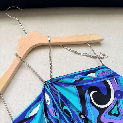 PUCCI 26S SILK TWILL HALTER TOP IN BLUE & TURQUOISE PATTERN