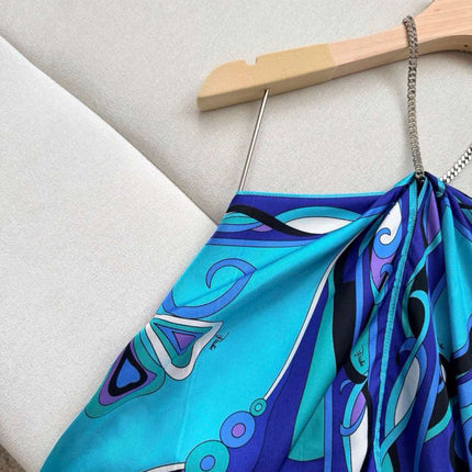 PUCCI 26S SILK TWILL HALTER TOP IN BLUE & TURQUOISE PATTERN