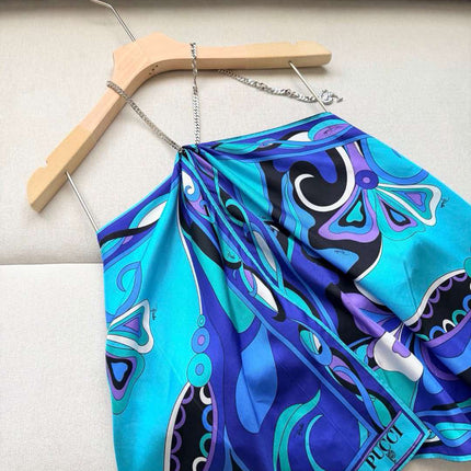 PUCCI 26S SILK TWILL HALTER TOP IN BLUE & TURQUOISE PATTERN