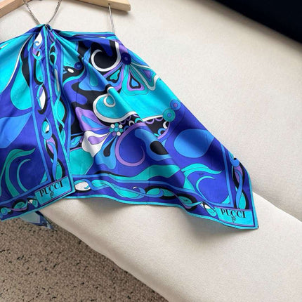 PUCCI 26S SILK TWILL HALTER TOP IN BLUE & TURQUOISE PATTERN