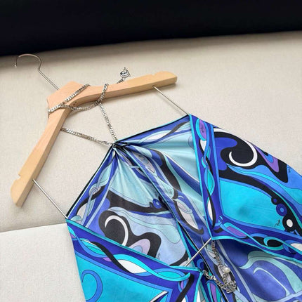 PUCCI 26S SILK TWILL HALTER TOP IN BLUE & TURQUOISE PATTERN
