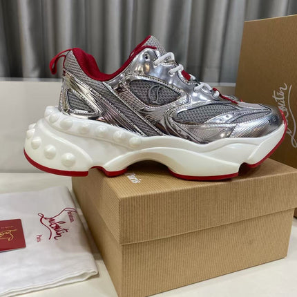CHRISTIAN LOUBOUTIN 26S LOUBISHARK SNEAKER IN SILVER METALLIC & RED MESH
