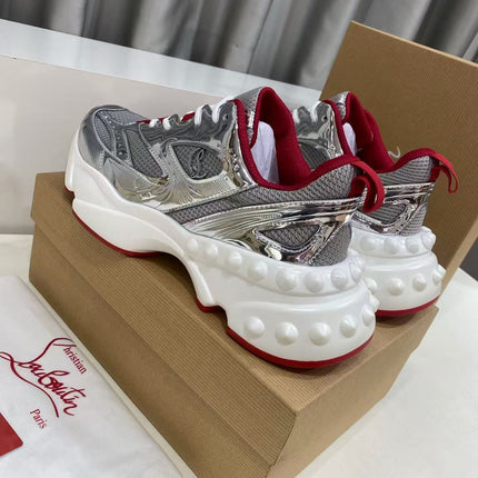 CHRISTIAN LOUBOUTIN 26S LOUBISHARK SNEAKER IN SILVER METALLIC & RED MESH