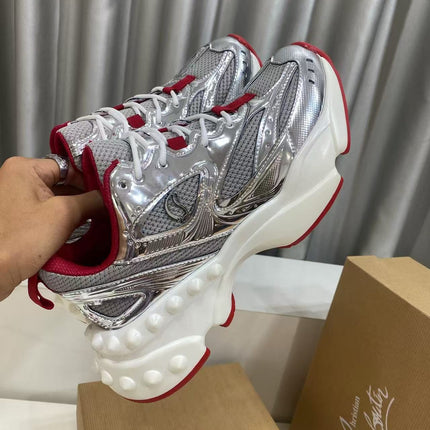 CHRISTIAN LOUBOUTIN 26S LOUBISHARK SNEAKER IN SILVER METALLIC & RED MESH