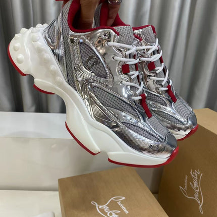 CHRISTIAN LOUBOUTIN 26S LOUBISHARK SNEAKER IN SILVER METALLIC & RED MESH