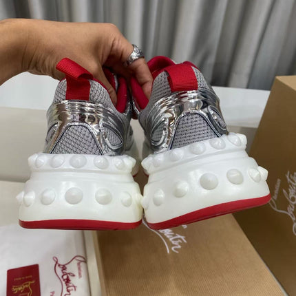 CHRISTIAN LOUBOUTIN 26S LOUBISHARK SNEAKER IN SILVER METALLIC & RED MESH