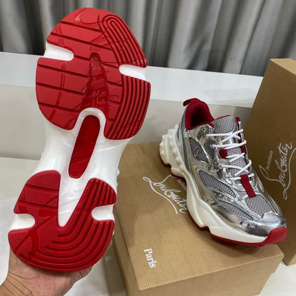CHRISTIAN LOUBOUTIN 26S LOUBISHARK SNEAKER IN SILVER METALLIC & RED MESH
