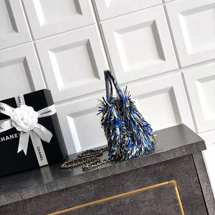 CHANEL 26S MINI TOP HANDLE BAG IN BLUE FRINGED TWEED