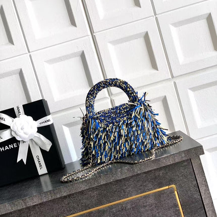 CHANEL 26S MINI TOP HANDLE BAG IN BLUE FRINGED TWEED