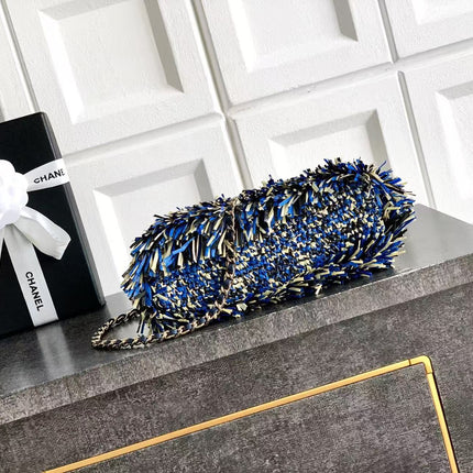 CHANEL 26S MINI TOP HANDLE BAG IN BLUE FRINGED TWEED