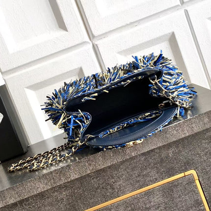 CHANEL 26S MINI TOP HANDLE BAG IN BLUE FRINGED TWEED