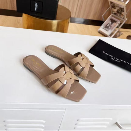 SL TRIBUTE SLIPPERS GLOSSY DARK BEIGE CALFSKIN