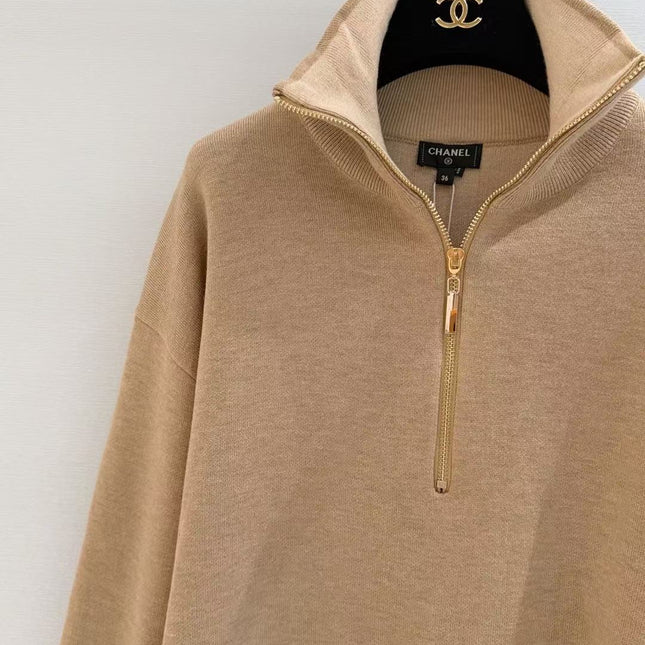 CHANEL 26S HALF-ZIP KNIT SWEATER IN BEIGE WOOL