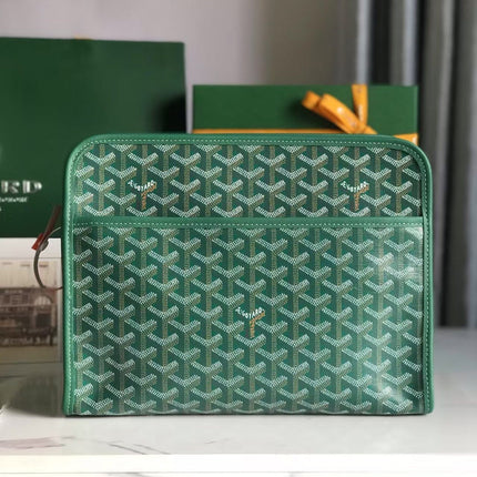 GOYARD 26S ZIP DOCUMENT POUCH IN GREEN GOYARDINE CANVAS