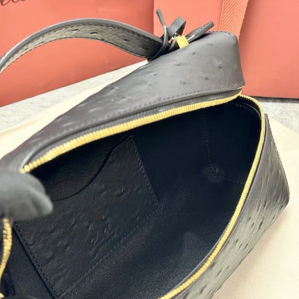 LORO PIANA 26S TOP HANDLE BAG IN BLACK OSTRICH LEATHER