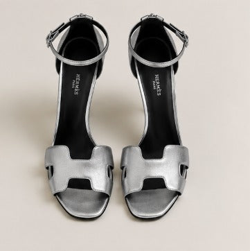 HERMES 26S ANKLE-STRAP HIGH-HEEL SANDAL 100MM IN SILVER METALLIC LEATHER