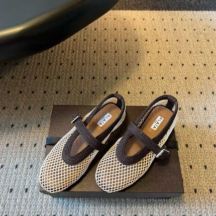 ALAIA FISHNET AND SATIN CORD BALLET FLATS IN WHITE MESH AND BROWN FABRIC
