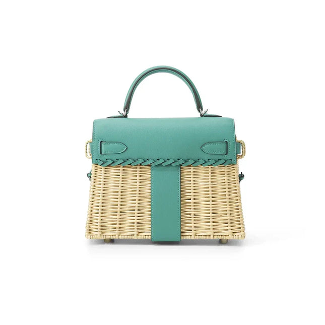 KELLY 20CM JAUNE DE NAPLES SWIFT IN TURQUOISE LEATHER AND WICKER SILVER HARDWARE