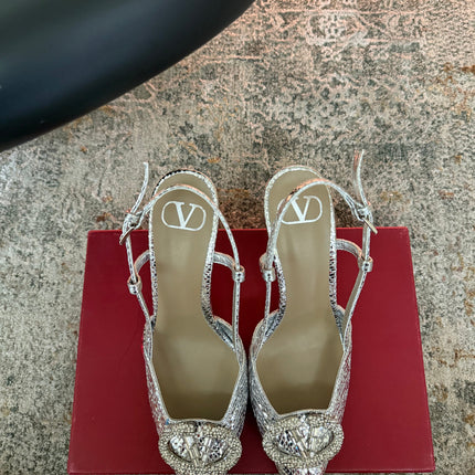 VALENTINO 26S SLINGBACKS 75 MM IN METALLIC SILVER SNAKESKIN