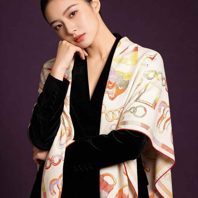 HERMES 26S PRINTED SQUARE SCARF 135 IN CASHMERE AND SILK 307236