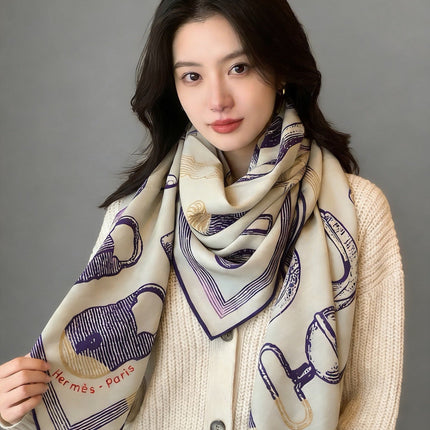 HERMES 26S PRINTED SQUARE SCARF 135 IN CASHMERE AND SILK 307238