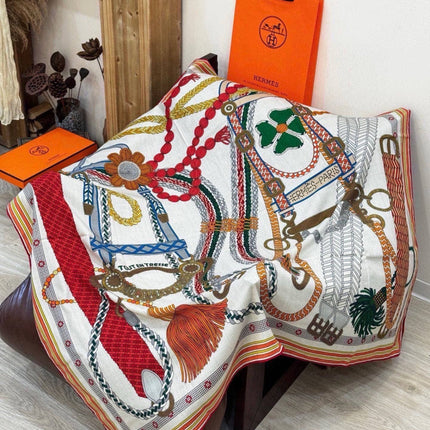 HERMES 26S PRINTED SQUARE SCARF 135 IN CASHMERE AND SILK 307246