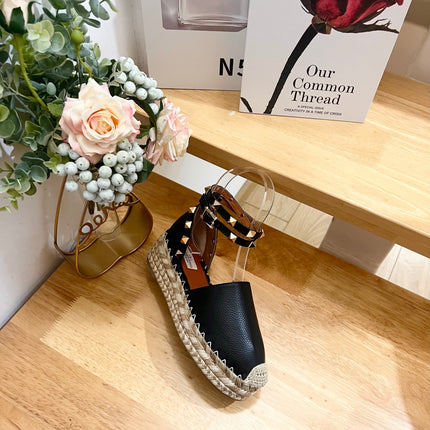 BLACK LEATHER ROCKSTUD ESPADRILLES ANKLE STRAP FLATS
