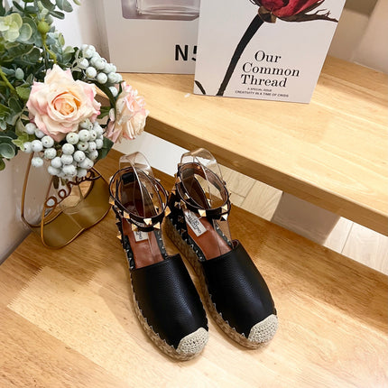 BLACK LEATHER ROCKSTUD ESPADRILLES ANKLE STRAP FLATS