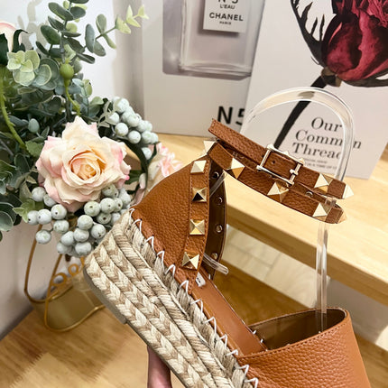 BRONZE BROWN LEATHER ROCKSTUD ESPADRILLES ANKLE STRAP FLATS
