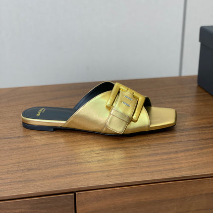 BALMAIN 26S B-BELT FLAT SANDALS IN METALLIC GOLD CALFSKIN