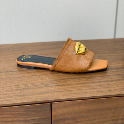 BALMAIN 26S LIP-EMBELLISHED SLIDES IN LIGHT BROWN PONY HAIR WITH GOLD HARDWARE