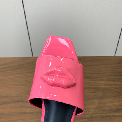 BALMAIN 26S LIP-EMBELLISHED SLIDES IN PINK PATENT CALFSKIN