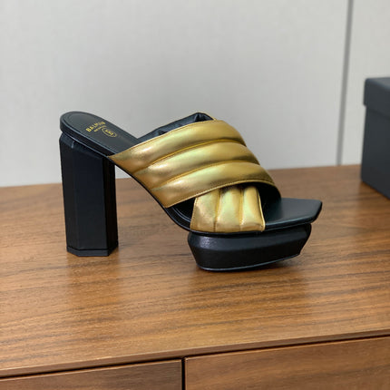 BALMAIN 26S QUILTED PLATFORM MULES 105 MM IN GOLD CALFSKIN