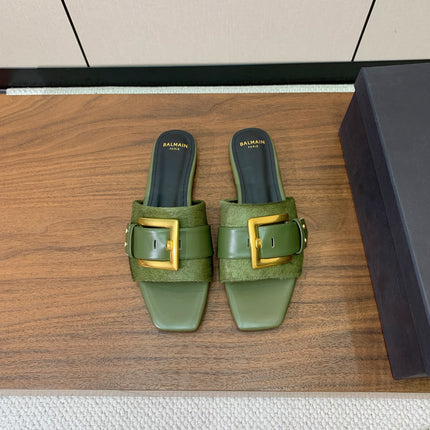 BALMAIN 26S B-BELT FLAT SANDALS IN OLIVE GREEN CALFSKIN AND PONY HAIR