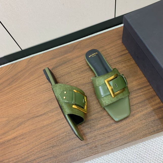 BALMAIN 26S B-BELT FLAT SANDALS IN OLIVE GREEN CALFSKIN AND PONY HAIR