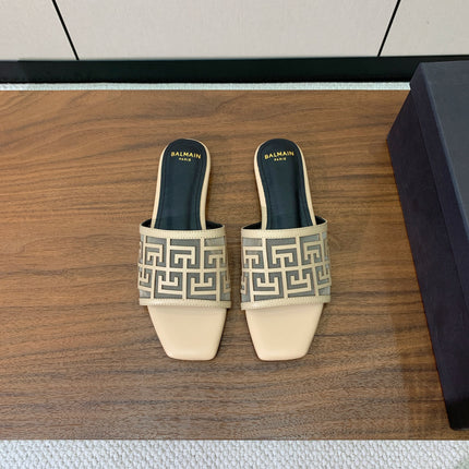 BALMAIN 26S FLAT SANDALS IN BEIGE CALFSKIN AND MESH
