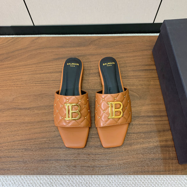 BALMAIN 26S QUILTED MULES IN LIGHT BROWN CALFSKIN